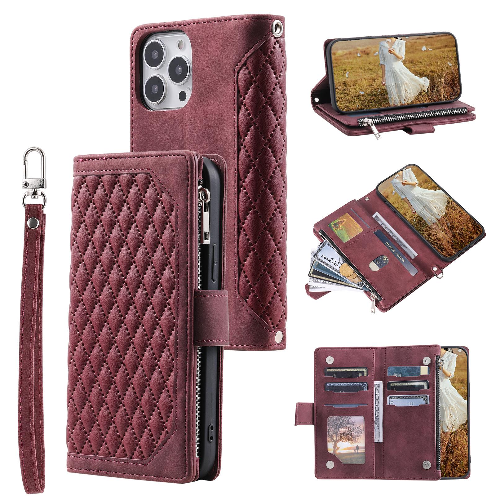 

Zippered Wallet Phone Cover for iPhone 15 Pro PU Leather Flip Cover Rhombus Texture Anti-Drop Phone Case with Strap Wine Red