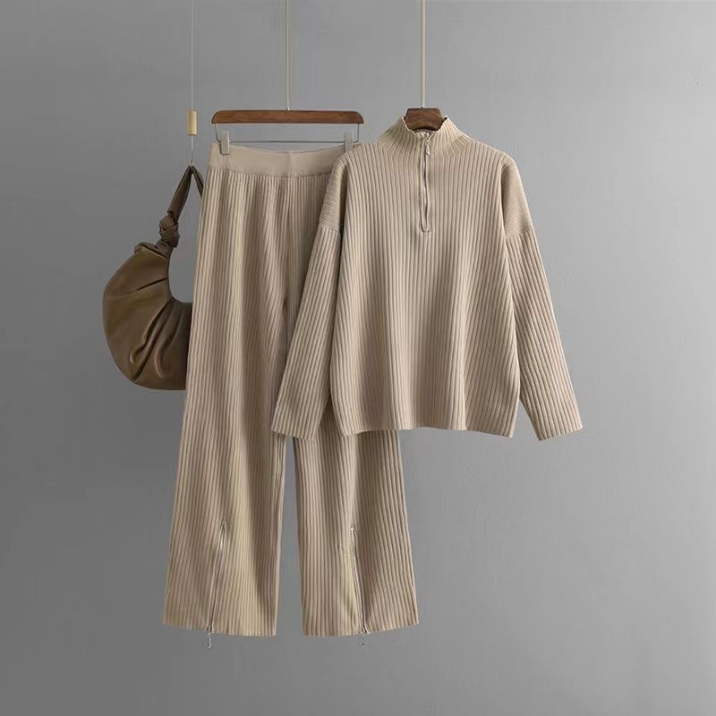 Fashion Wind Knitting Turtleneck Zipper Sweater Pants Suit Knitted Sweater and Pants Set