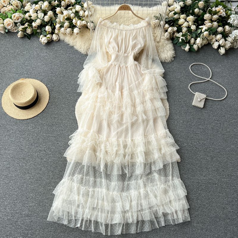 French Style Ruffles Cake Dress off-Shoulder Mesh