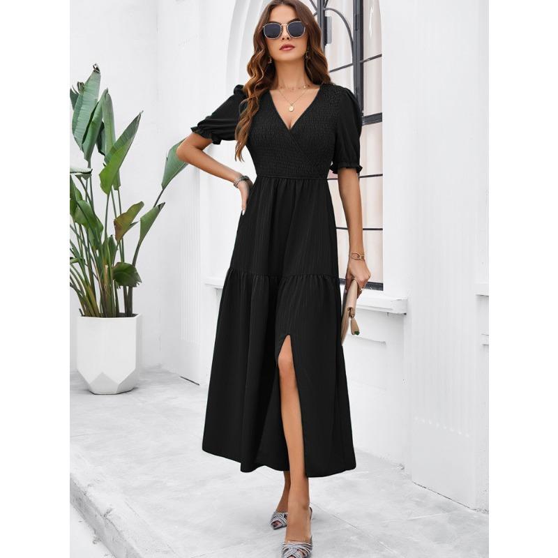 Summer Women's Dress Temperament Solid Color V-neck Short-sleeved Long Dress
