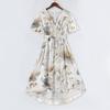 Women Casual V Neck Short Sleeve Floral Print Dress Vintage Style Midi Length Wrap Dress for Daily Wear