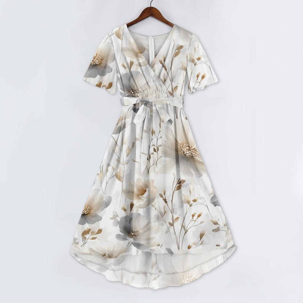 Women Casual V Neck Short Sleeve Floral Print Dress Vintage Style Midi Length Wrap Dress for Daily Wear