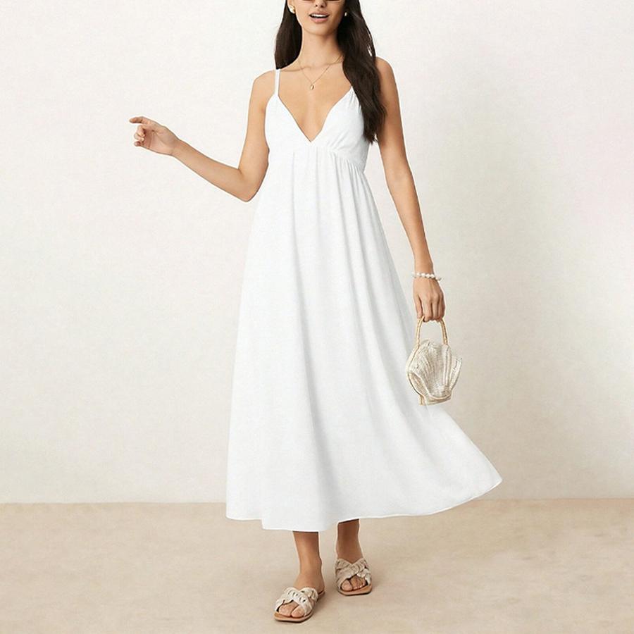 Spring New Arrivals Women's Fashion Sexy Low Back Sleeveless Solid Color V-Neck Strappy Dress