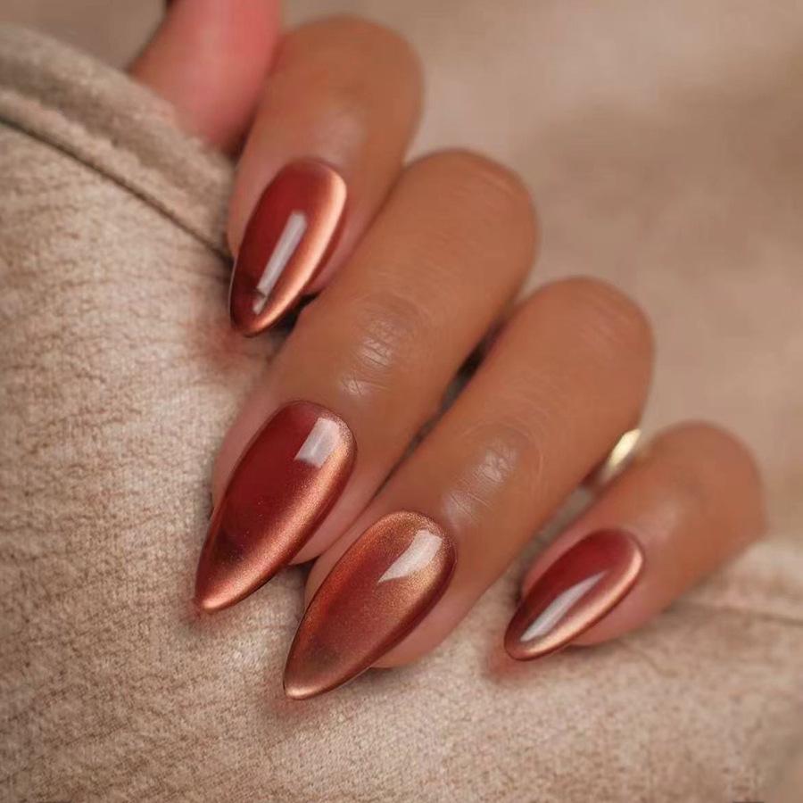 24pcs Autumn Orange Cat Eye Press on Nails Shiny Pure Color Almond Fake Nails Women Wearable Ins Simple Fashion False Nails