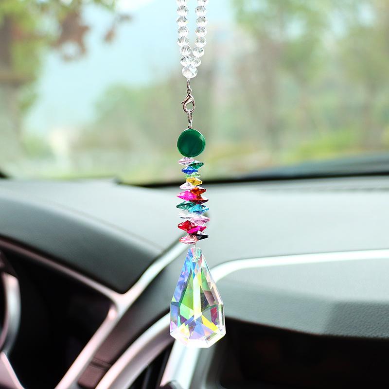 1pc Color Crystal Pendant Rainbow Drop Diamond Prisms Rearview Mirror Hangings Car Accessories Home Room Garden Decor Wind