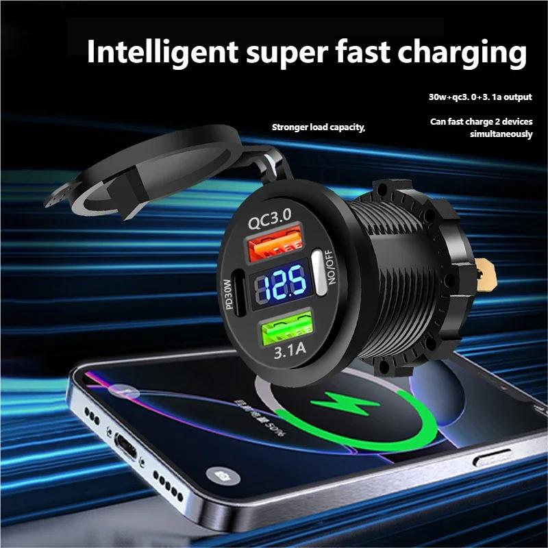 3 Ports Quick Charge Dual PD & QC 3.0 83W Car Charger Outlet Socket with Switch For 12V 24V Motorcycle Boat Marine Truck ATV