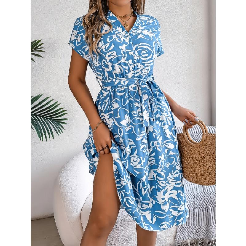 Summer V-neck Short Sleeve Floral Printed Women Dress Casual Fashion Elegant Simple A-line Party Dresses Lace-up Female Women's Clothing