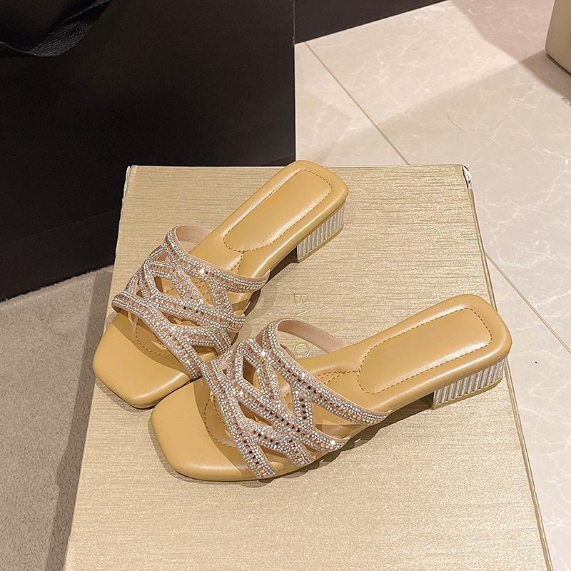 Fashion Block heel slippers for women in summer wear new fashion rhinestone mid-heel temperament crystal high heel cool mopping