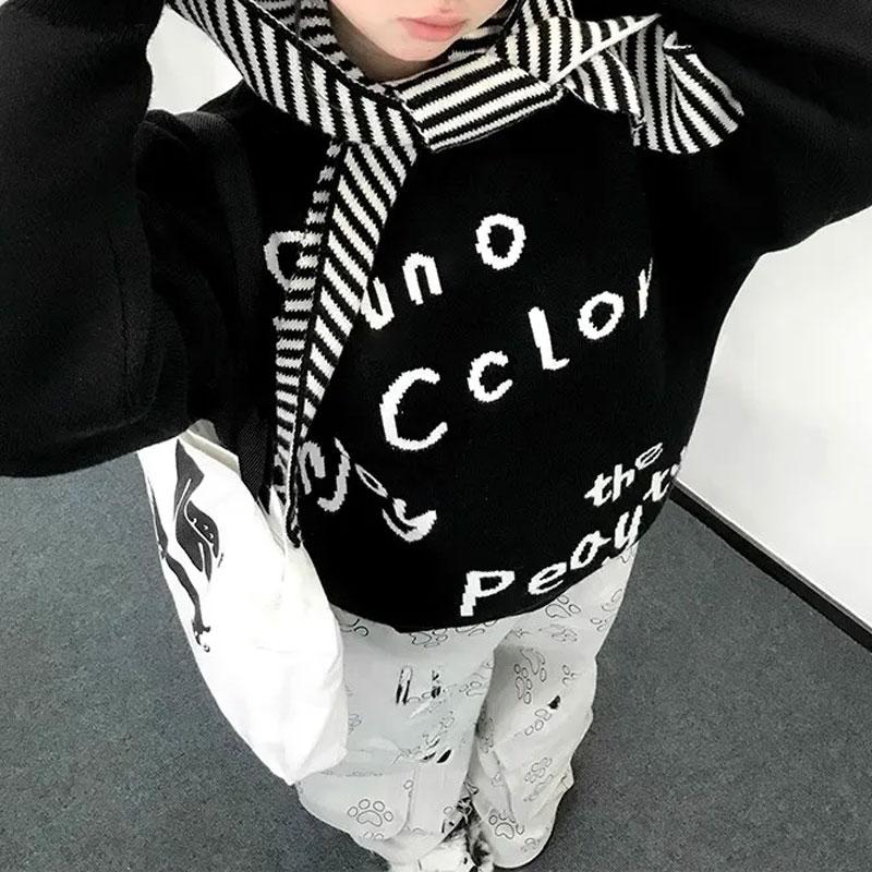 

Vintage Letter Jacquard Weave Knitted Pullovers Women s Casual Autumn Winter Fashion Loose Basic Sweaters S чорний