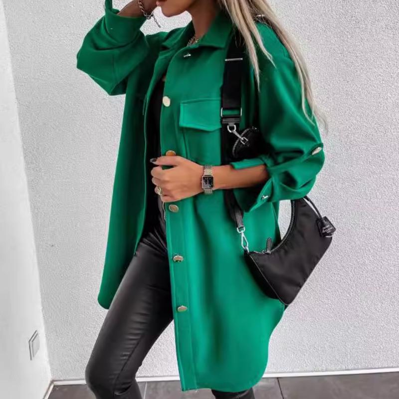 Women's Autumn and Winter Pull Sleeve Button Decoration Mid-Length Shirt Jacket