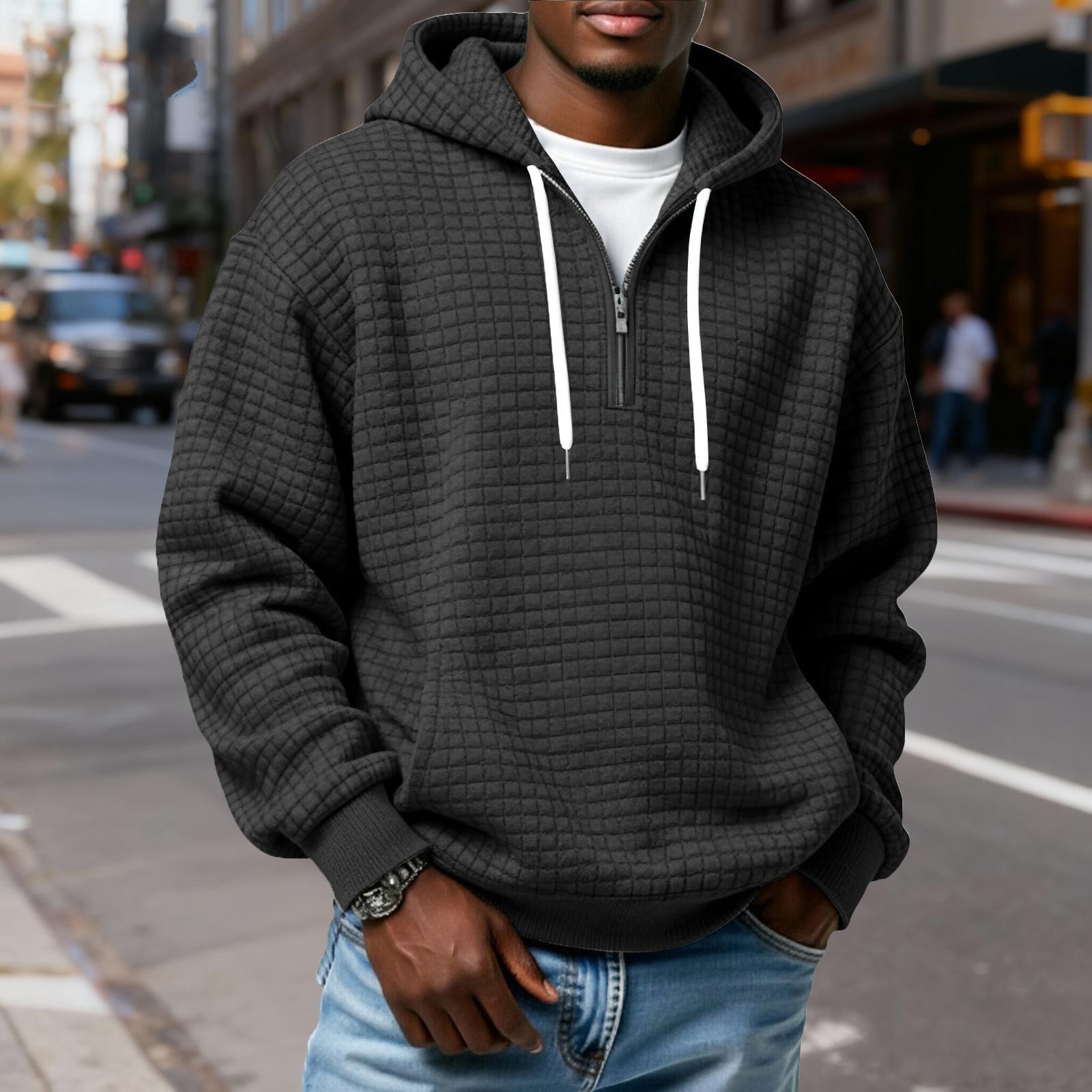 

Мужской худи-пуловер в клетку с капюшоном на молнии до середины, со шнурком, повседневная спортивная толстовка S