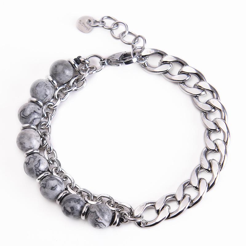 Men’s Stainless Steel Tiger Eye Double-Sided Polished Chain Bracelet with Natural Stone Beads.