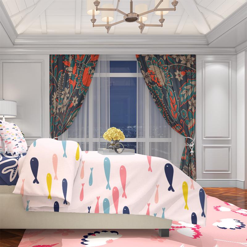 2Pcs- Vintage flower - Printed curtain - Polyester material - suitable for family bedroom curtain and living room decoration