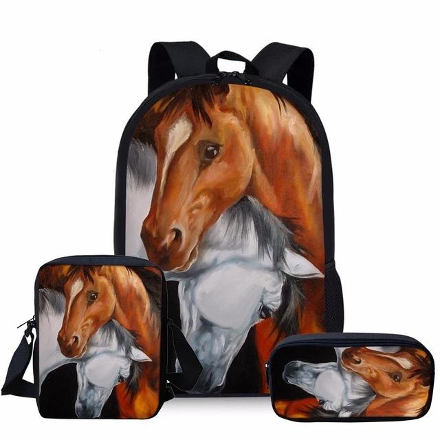Luxe Paard Rugzakken tassen 3D Print 3 stuks/Set leerling Schooltassen Laptop Dagrugzak Rugzak Schuin gedragen schoudertas Etui
