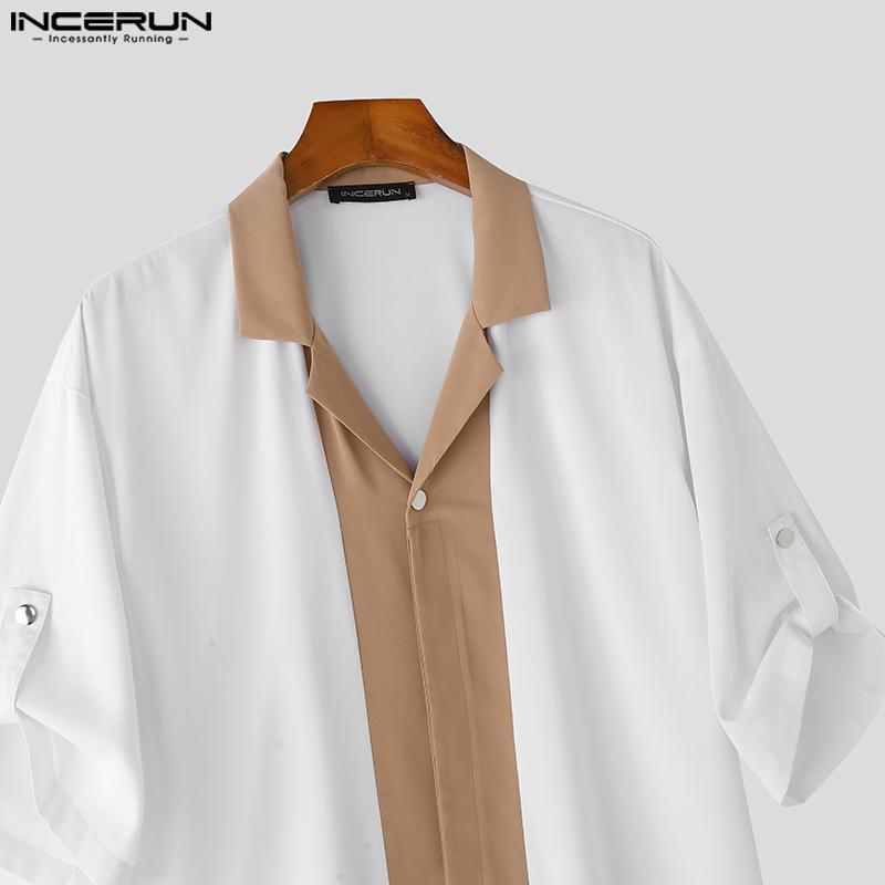 INCERUN Oversized Men Lapel Neck Half Sleeve Patchwork Casual Shirts