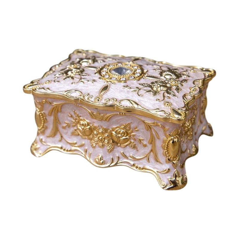 Elegant European Rose Engraved Metal Jewelry Box For Rings Necklaces Earrings With Soft Lining