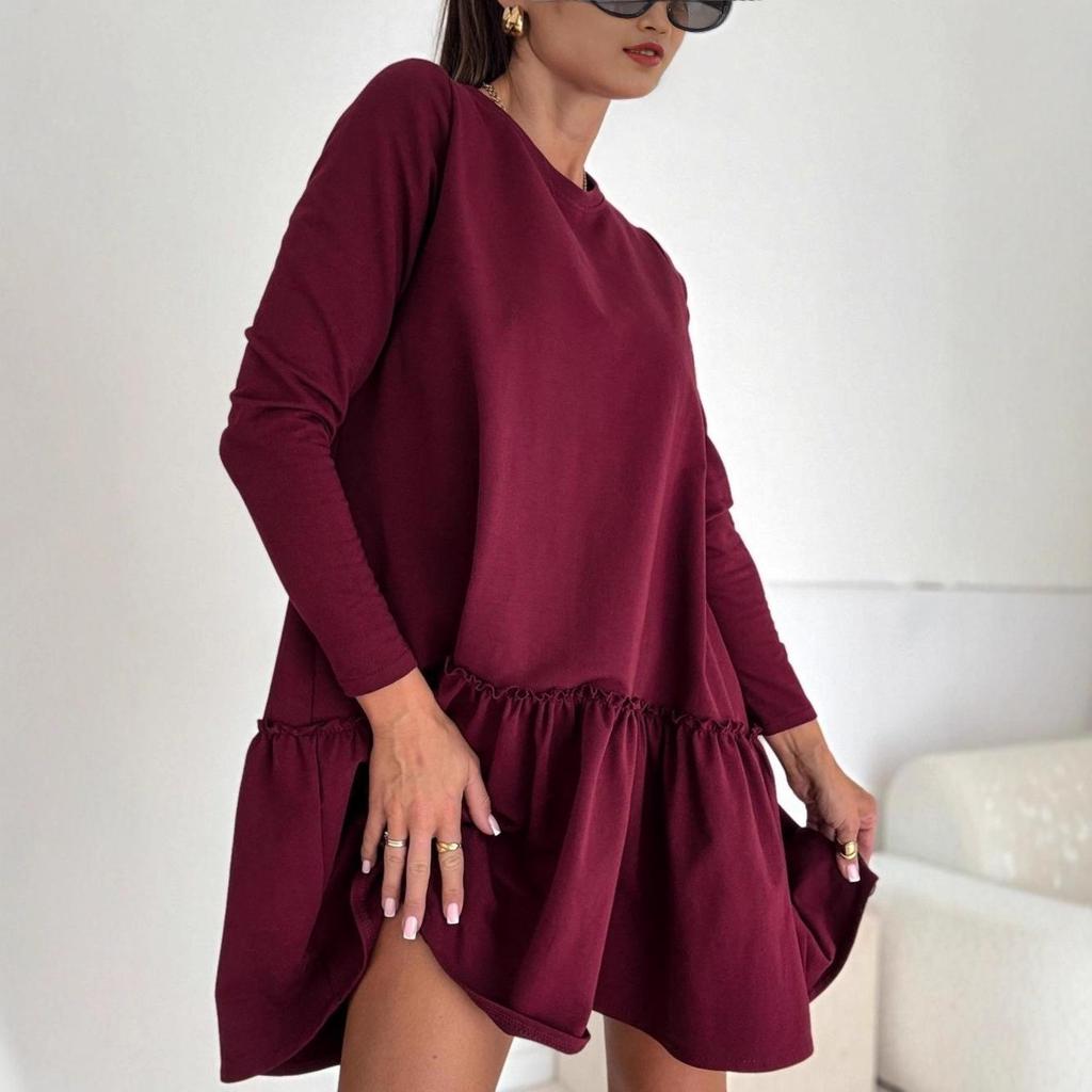 Elegantní evropské a americké plisované jednobarevné dlouhé šaty s volánkovým kulatým výstřihem