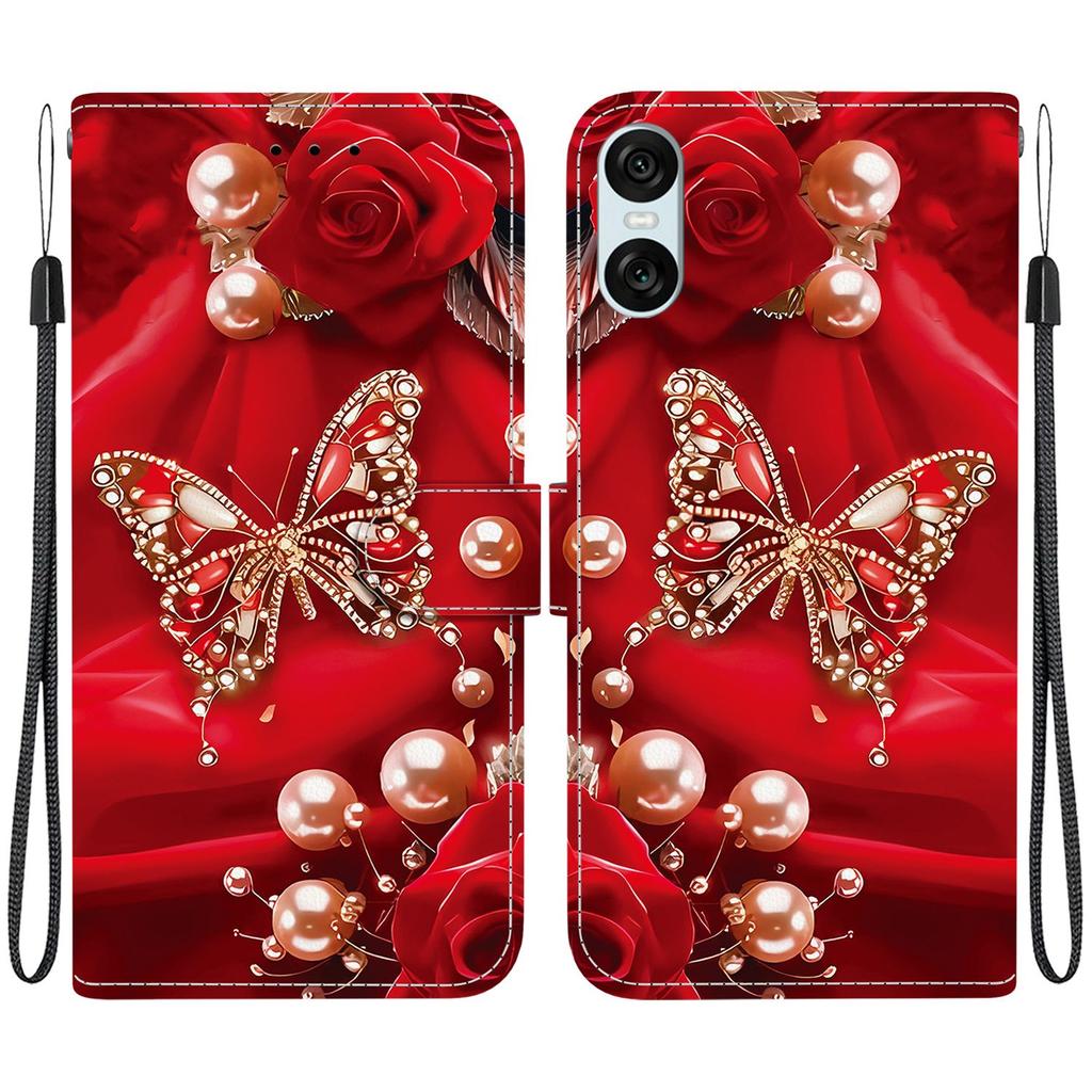 Handgefertigte PU-Leder-Flip-Hülle für Sony Xperia 10 VI Rutschfeste Stoßfeste Hülle mit Handschlaufe & Herz/Rose Katze Designs