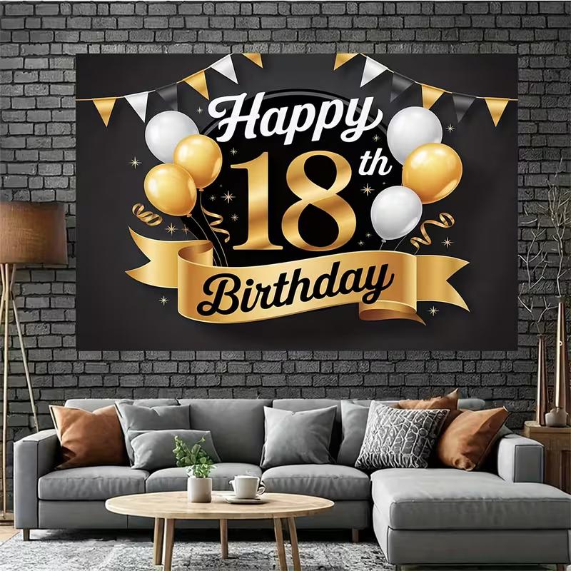 2D Elegant Black Gold 18th Happy Birthday Background Cloth with Ribbon Banner
