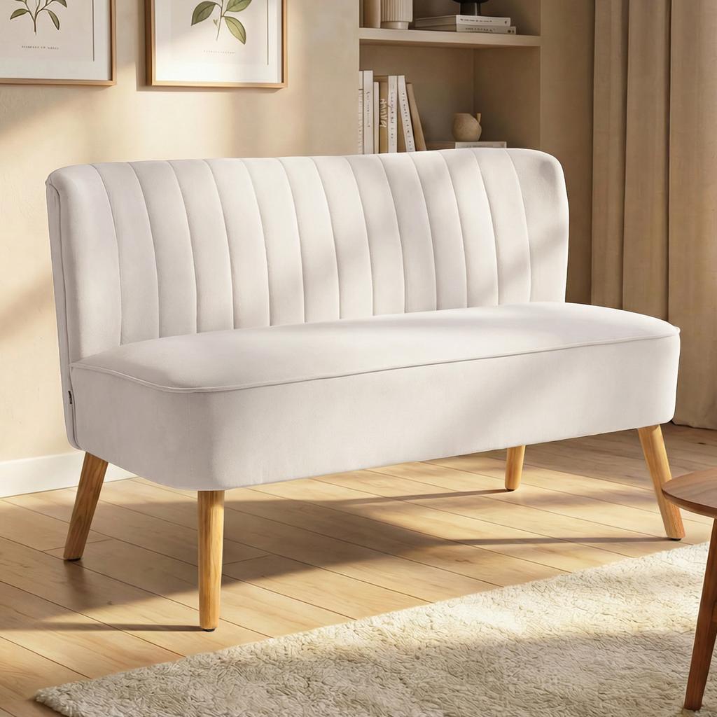 Sofa Retro Design 2-Seater Sofa, Wooden Legs, 117 Cm X 56.5 Cm X 77 Cm, Cream White