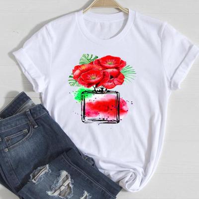 (Tamanho asiático) Camiseta Estampada Feminina Flor Doce Anos 90 Fofa Doce Top Moda Camiseta Roupas Casual Manga Curta Senhora Feminina Camiseta Gráfica