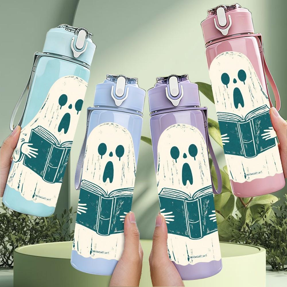 1PC Cute Ghost Reading Book Halloween Print 750ml Color Plastic Sports Water Bottle Leakproof Flip Straw Lid Suitable for Sports Office Home Use