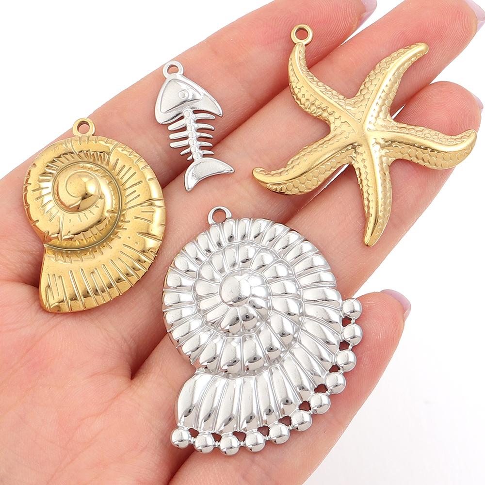 4pcs/lot Stainless Steel Marine Animal Pendant Starfish Conch Fishbone Shape Charms For DIY Necklace Earring Jewelry Accessories