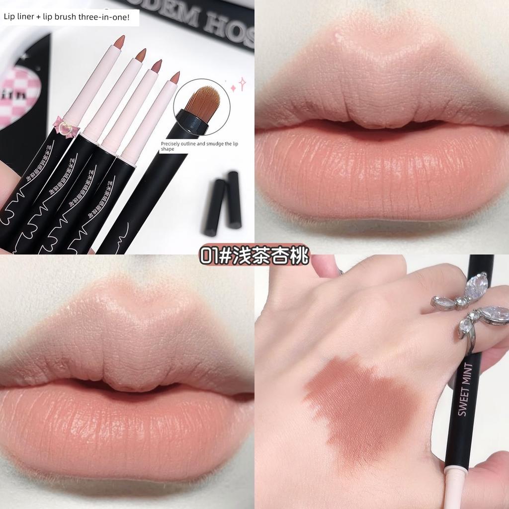 Double-Ended Lip Liner Brush Cinnamon Color Waterproof Long-Lasting Non-Fading Two-In-One Lipstick Lip Pen Nude Coffee Milk Tea Color