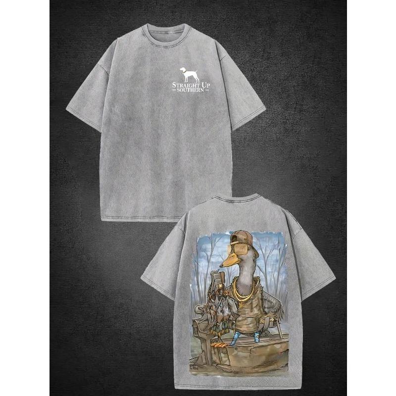 Europäische Größen Herren T-Shirt - Lockere Passform, Lässige Jagd- & Outdoor-Bekleidung, Ganzjährig Bequemes Washed Tee mit anthropomorphem Wasservogel-Design