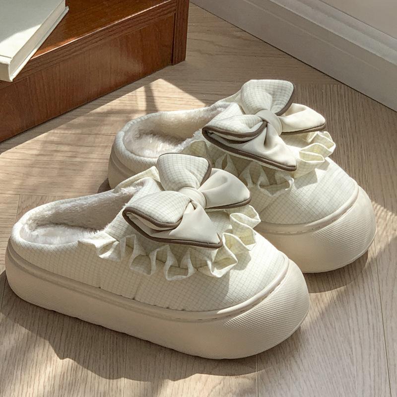 Retro Grid Bow Cotton Slippers Autumn and Winter Home Cute Less Heart Indoor Winter Warm Cotton Mop