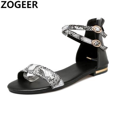 Summer Women's Sandals Genuine Leather Flat Shoes Flip Flops Casual Ankle Strap Snake Print Flat Gladiator Sandals Shoes Girls