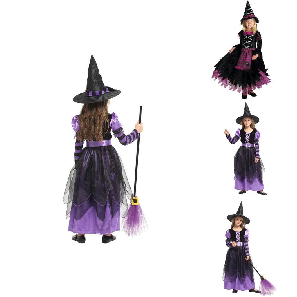Vynikající dětský halloweenský kostým čarodějnice z hedvábné látky a propracovaných detailů