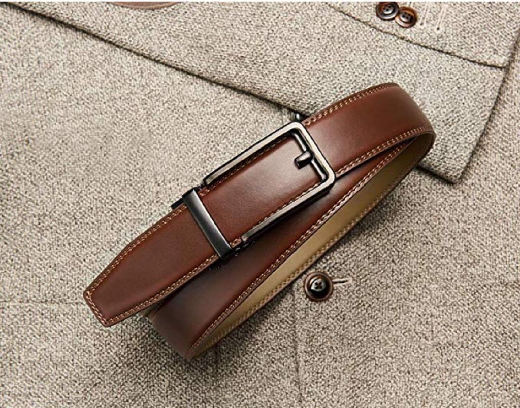 [Contacts] Men's Genuine Leather Auto-Lock Buckle Belt, One Size Fits All, Tan