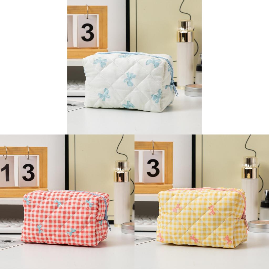 Korean Style Cotton Polyester Checkered Bow Makeup Bag With Zipper For Daily Use