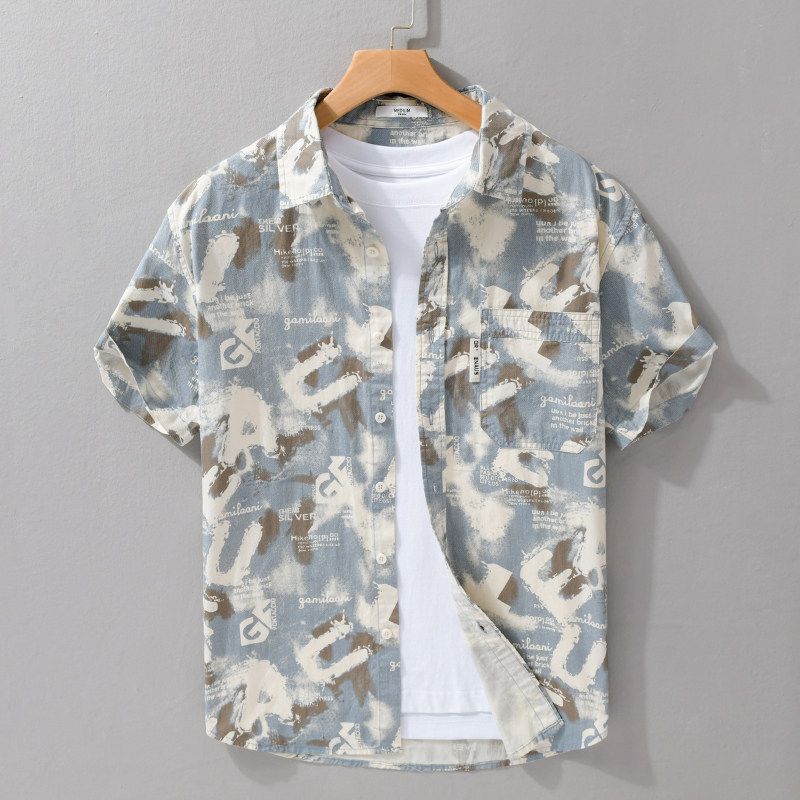 Trendy over Print Short sleeve Shirts Men's Japan fashion Hong Kong Style Casual All-matching Half Sleeve Cargo Shirt 2025 New