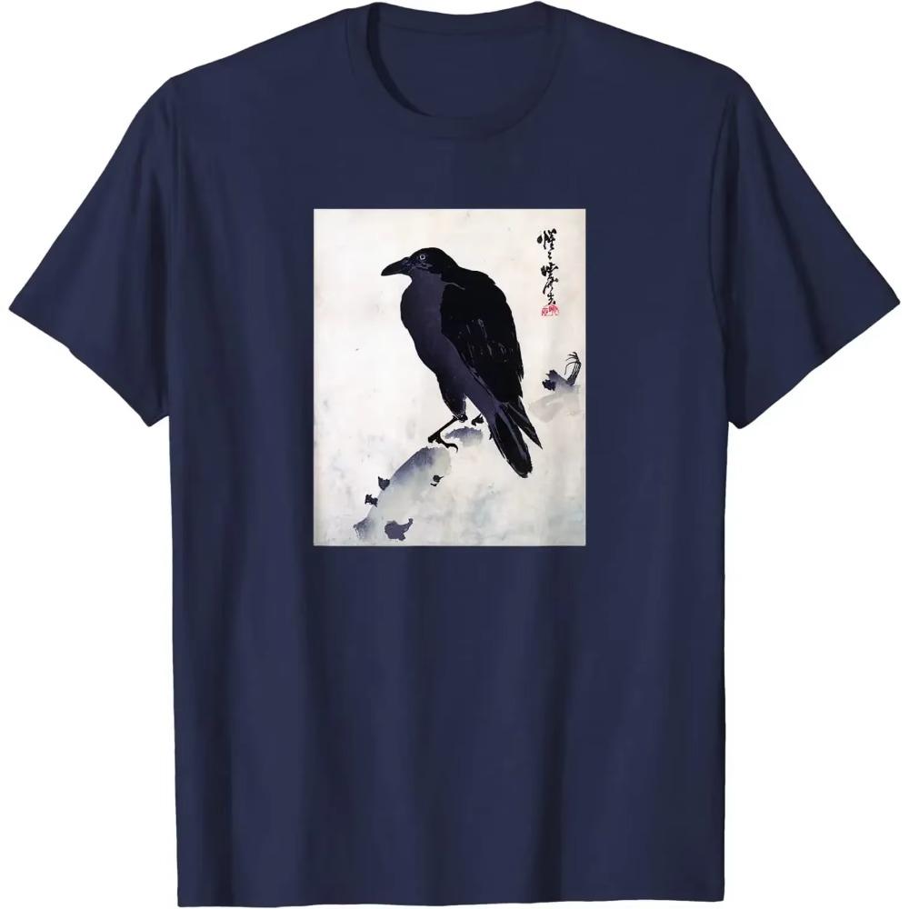 Japanische Kunst Japanischer Holzschnitt Kunstdruck Krähe Kyosai T-Shirt Streetwear Lässig Baumwolle Täglich Vier Jahreszeiten T-Shirts Herren T-Shirts