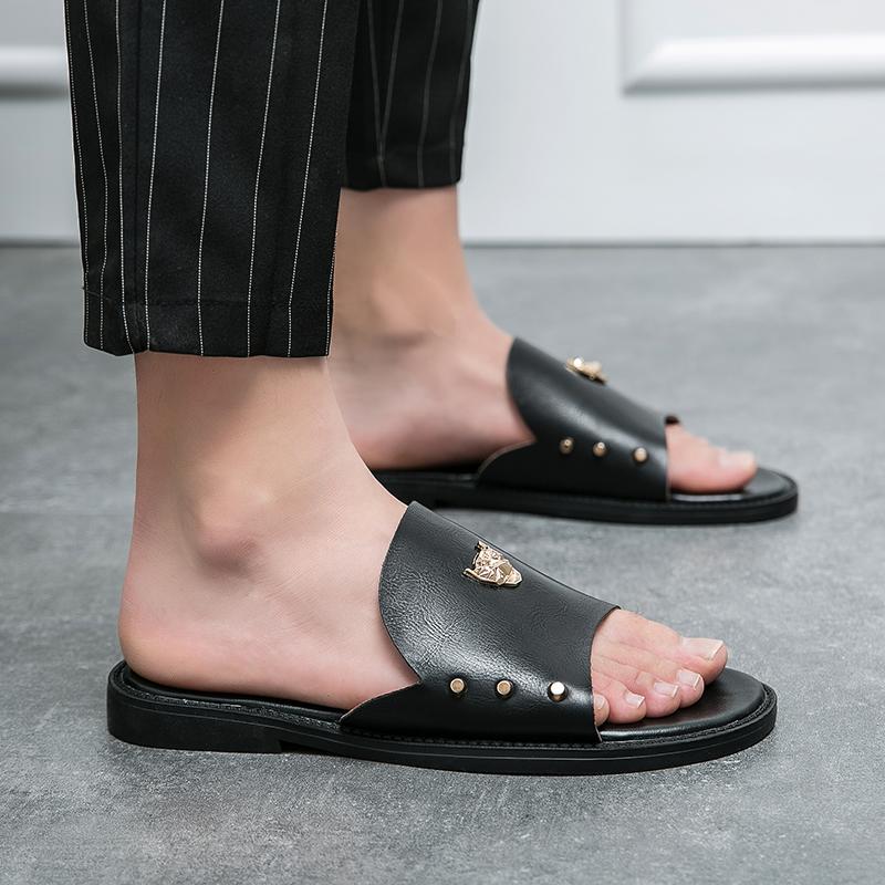 Summer Men's Flat Slippers Slide Sandals Outdoor Beach Open Toe Casual Soft Walking black Leather slippers