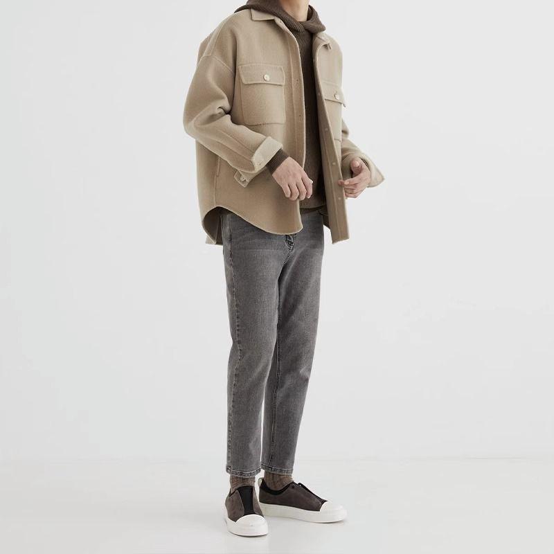 Men's Khaki Korean-Style Wool Coat: Autumn/Winter Loose Fit, Double-Sided Pocket Jacket