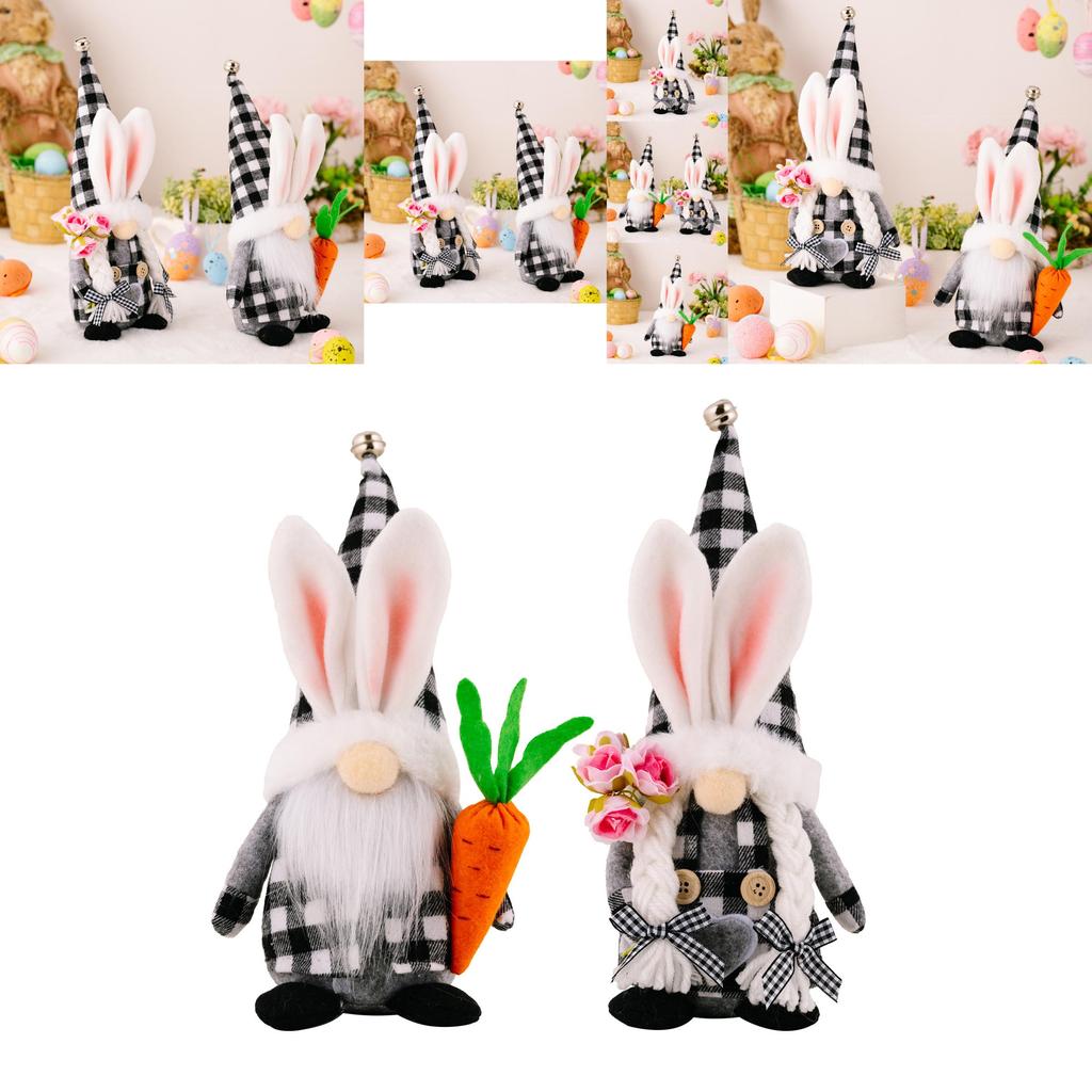 Charming Easter Decoration Plush Black And White Checkered Bunny Ears Doll With Flowers