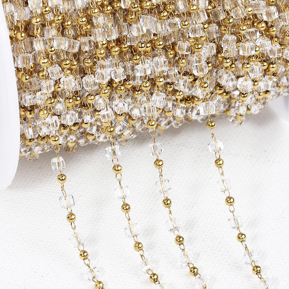 1Meter Stainless Steel Chain Boho Colorful Cube Square Crystal Beads Chain for DIY Necklaces Bracelets Holiday Jewelry Making