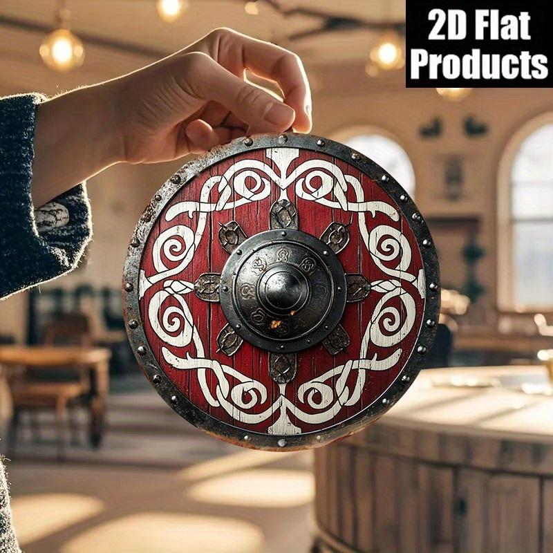 D Flat pc of a Flat Metal Sign Featuring a Viking Shield DesignDesigned in an vintage Style with Detailed Norse Artwork