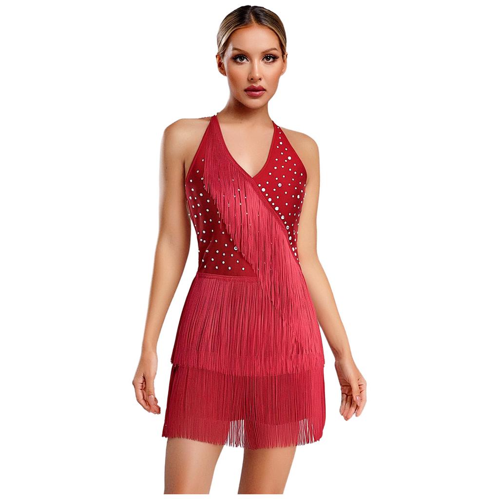 Women Dance Jumpsuit Halter Neck Sleeveless Spark Rhinestones Fringed Strappy Back Latin Dance Costume