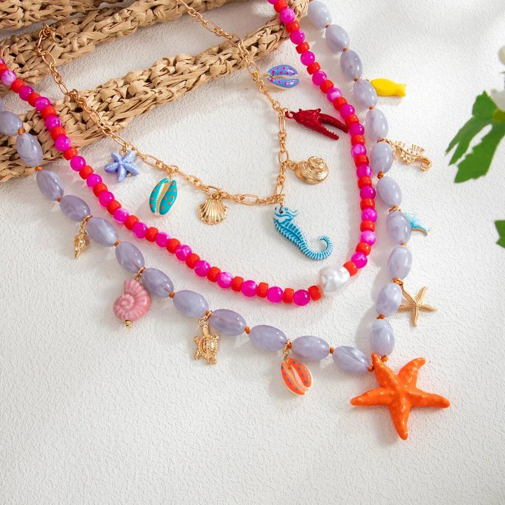 IngeSight.Z Summer Y2K Boho Multilayer Ocean Charm Necklace Women Colorful Seahorse Starfish Pendant Necklace Handmade Jewelry