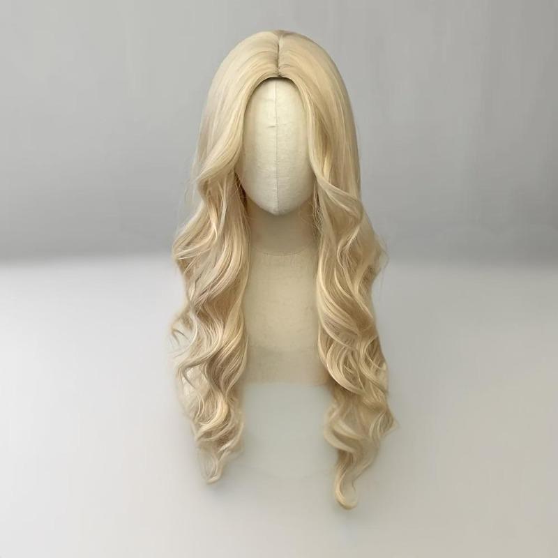 Hot-selling Wig Female Light Gold Long Hair Daily Medium Bangs Big Waves Chemical Fiber Headgear