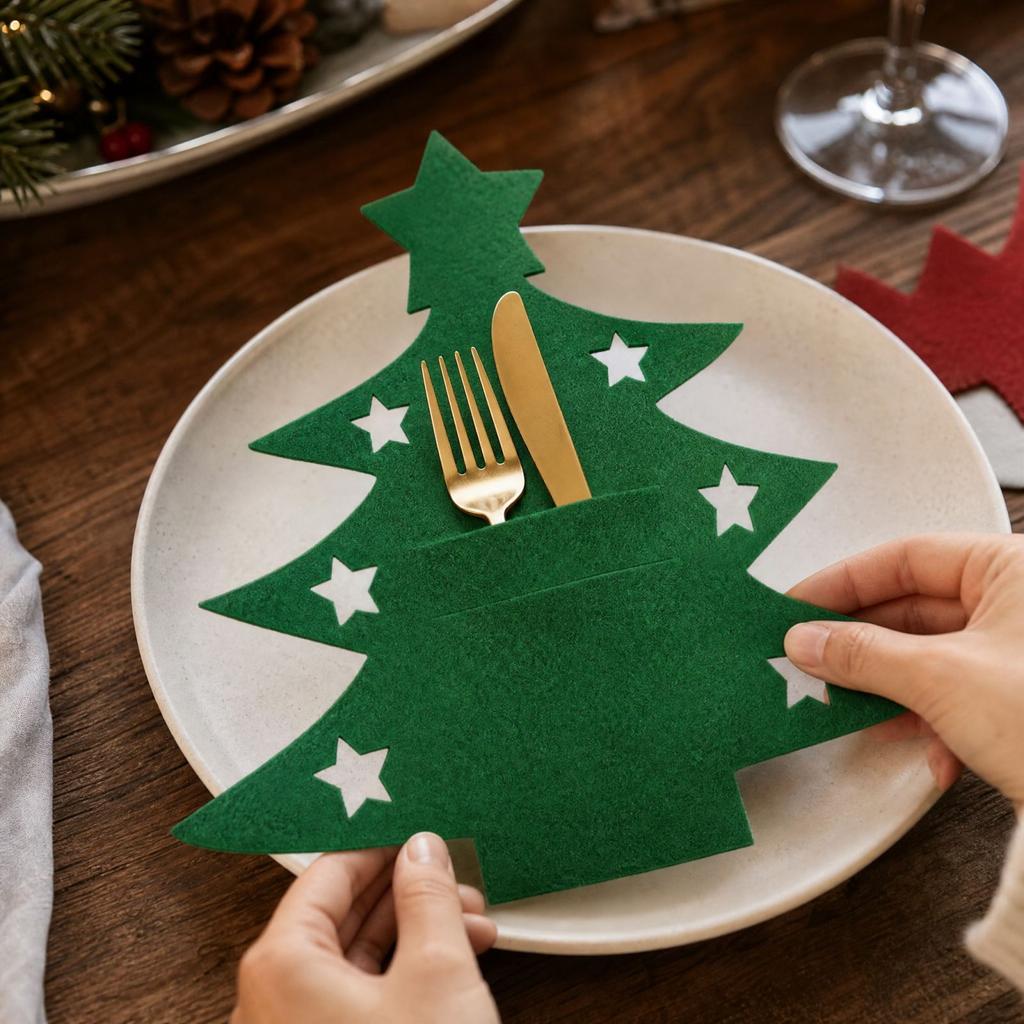 Christmas Tree Silverware Holders, Tree Cutlery Sleeves, Red and Green Christmas Tableware Mats for Holiday Dining