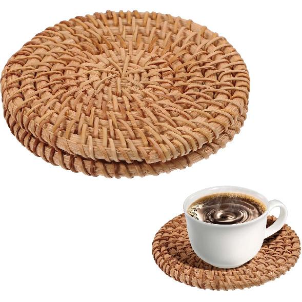 2pcs Natural Woven Coasters,Rattan Coasters,3.93In Round Wicker Coasters,Boho Coasters Heat-resistant Drink Coasters for Coffee Table Housewarming