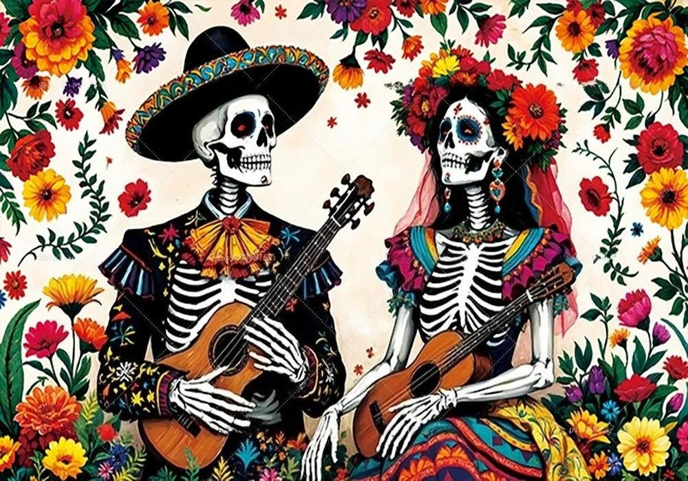 Day of The Dead Party Backdrop Mexican Fiesta Sugar Skull Flowers Photography Background Dia DE Los Muertos Party Supplies