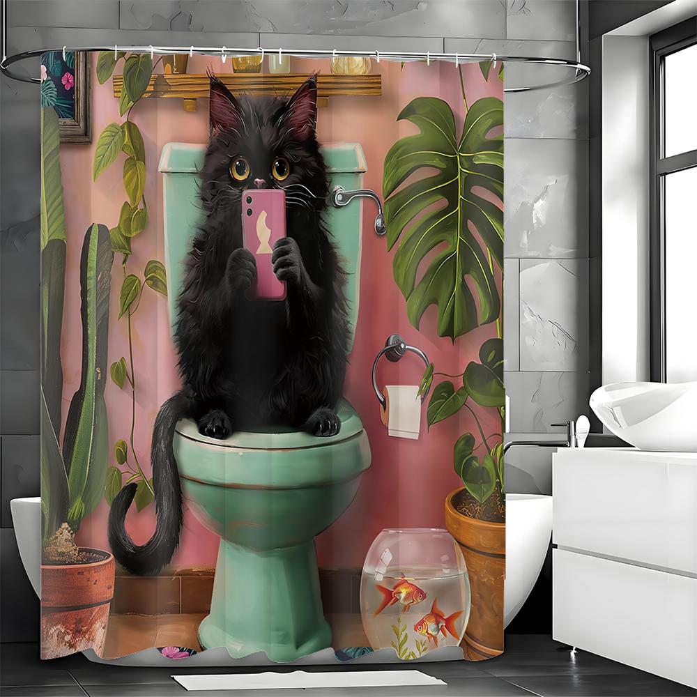 Cat playing with cell phone on toilet Greenery Goldfish Shower Curtain, Bathroom Decorative Shower Curtain, Waterproof Shower Cu