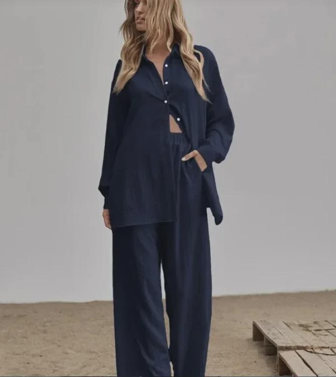 Dames Herfst 2022 Effen Kleur Casual Pak: Shirt met lange mouwen & Broek met elastische taille