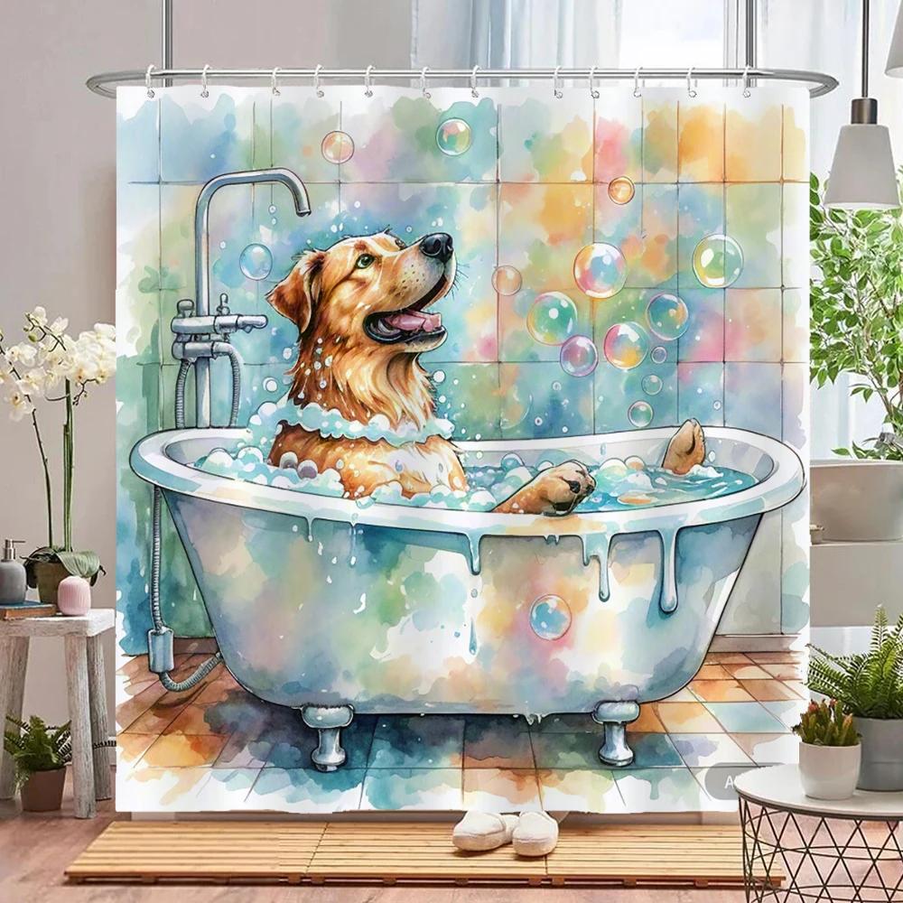 Funny Bathing Cat and Dog Shower Curtain Waterproof Bathroom Curtain Creative and Interesting Partition Bath Curtain with Hooks